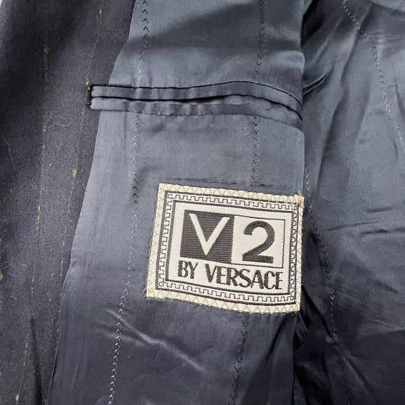 Neiman Marcus Versace V2 Mens Blazer 45R Black Wool Gold Stripe Double Breasted - Picture 7 of 16